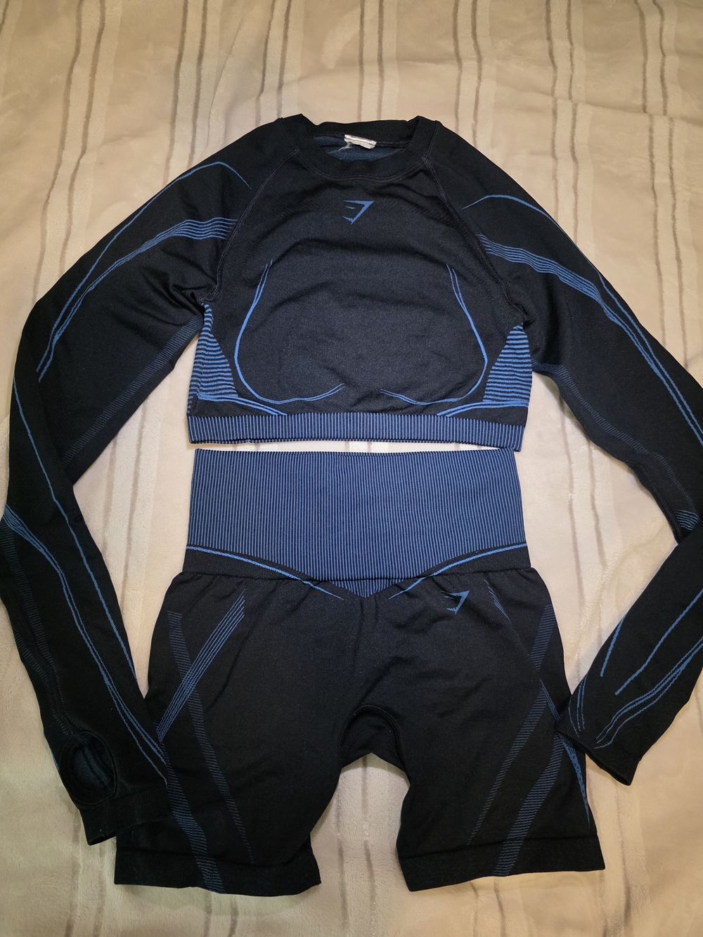 Gymshark X Analis Cruz Navy Blue High-Waist Athletic Shorts And Long Sleeve